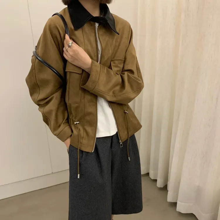 设计感抽绳收腰翻领撞色拼接风衣外套女2025秋季新款时尚工装上衣