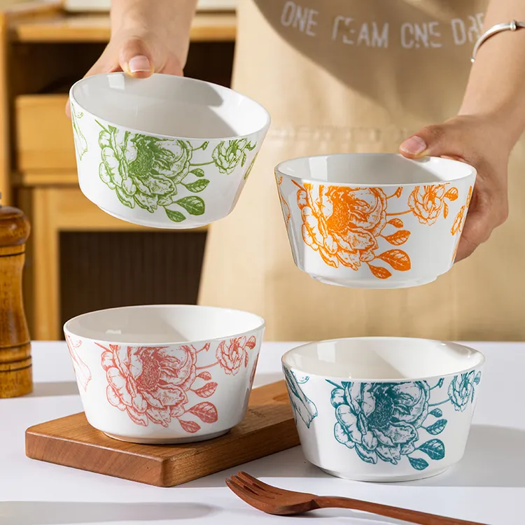 4只装4.5英寸玫瑰花语釉下彩米饭碗四色混装家用陶瓷餐具小碗