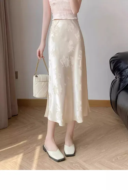 新中式国风小个子开叉丝滑缎面鱼尾裙女2025春夏醋酸提花半身裙