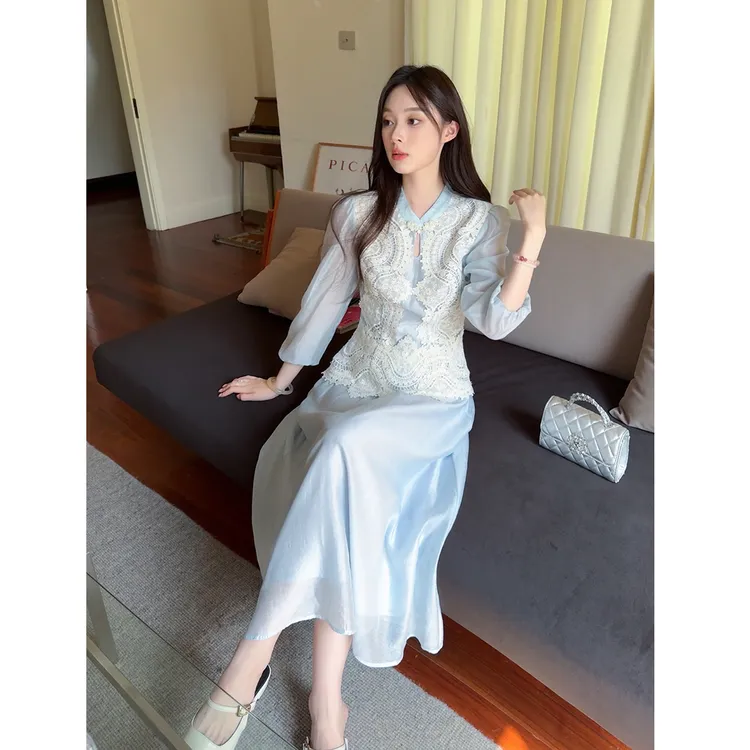 GERTCOREL2025新款初秋季新中式重工蕾丝拼接长袖衬衫长裙套装女