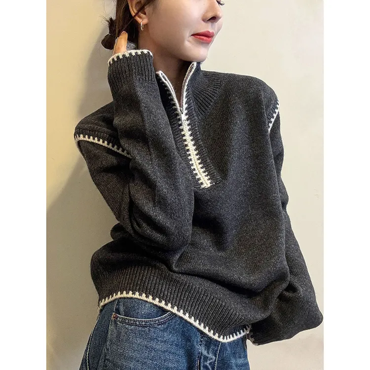 撞色拼接高领打底针织衫女冬季新款毛衣微胖妹妹遮肚显瘦宽松上衣