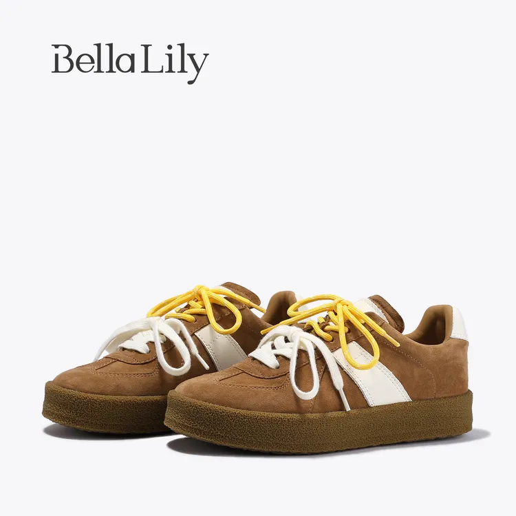 BellaLily2025秋季新款小众双系带厚底德训鞋女绒面羊皮休闲板鞋