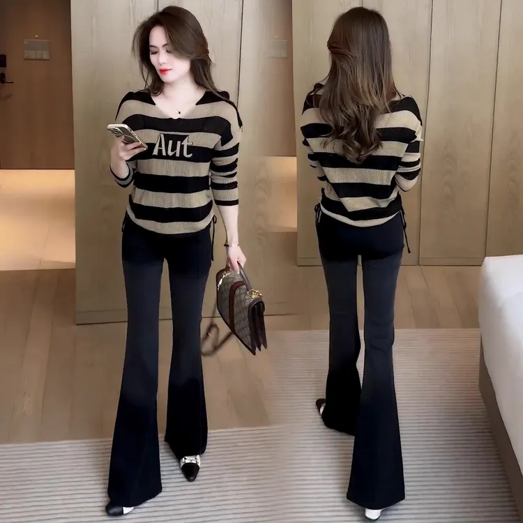 法式时尚条纹V领针织衫女2025秋季新款宽松显瘦毛衣百搭减龄上衣