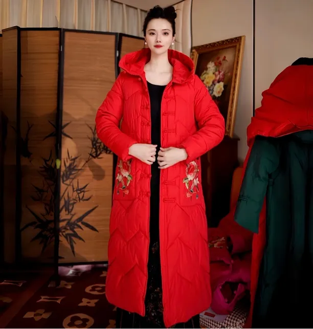 民族风过膝长款棉服加厚连帽棉服冬季保暖中国风外套