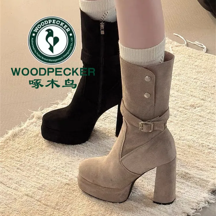 啄木鸟小个子超高跟短靴女2025新款法式高级感绒面粗跟瘦瘦马丁靴