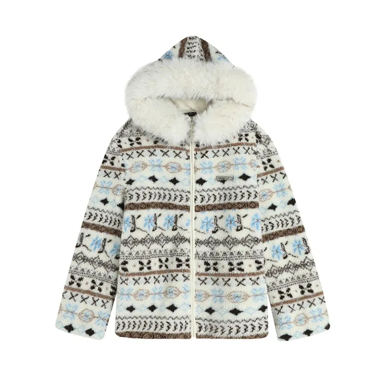 国潮美式复古毛领连帽费尔岛外套宽松羔羔毛上衣冬季新款