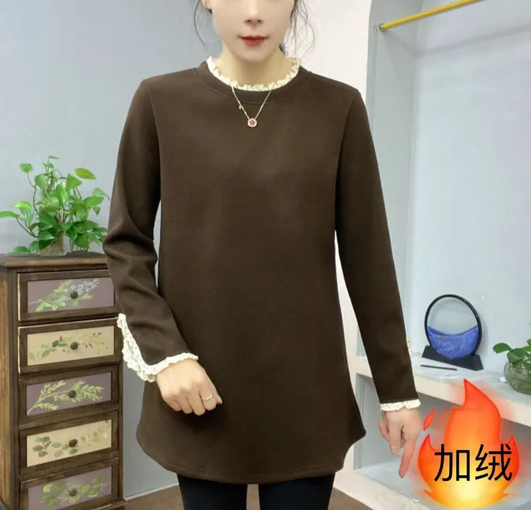时尚花边拼接设计款大码打底冬季新款中长款妈妈装加绒保暖上衣33
