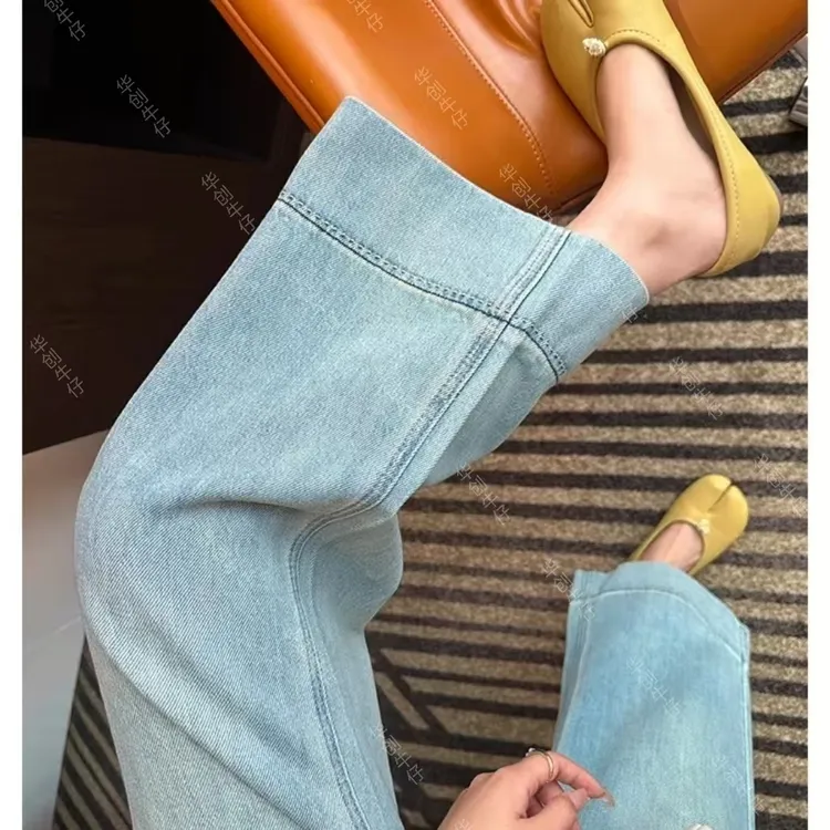 8505夏季新款小个子八分九分裤浅蓝色阔腿牛仔裤白色直筒裤宽松女