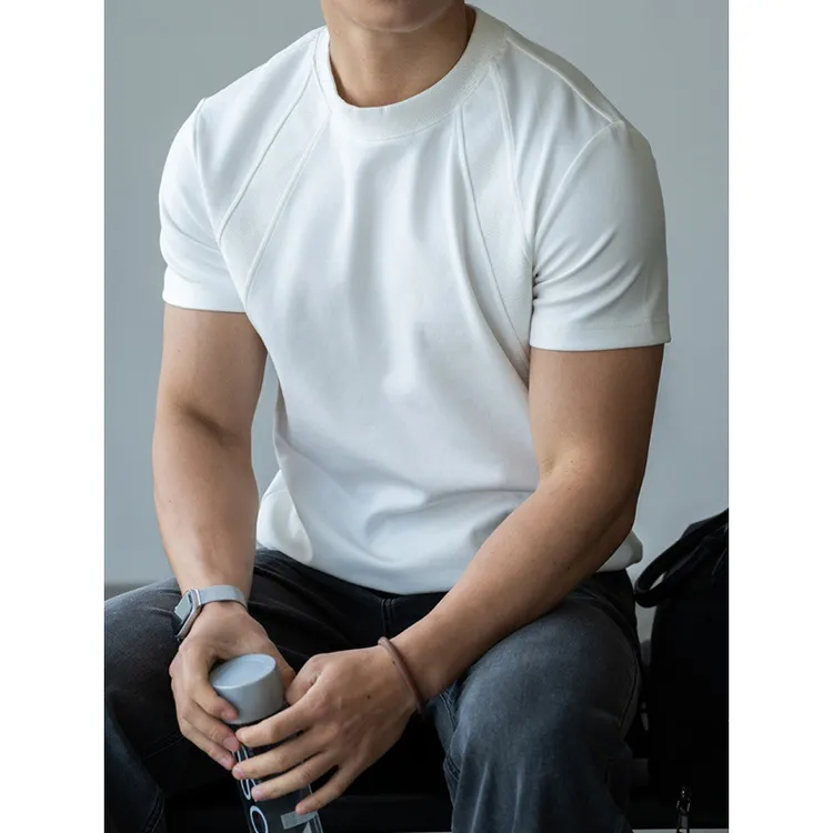 曼巴棉拼接空气层圆领针织短袖T恤男士2025夏季休闲健身运动上衣