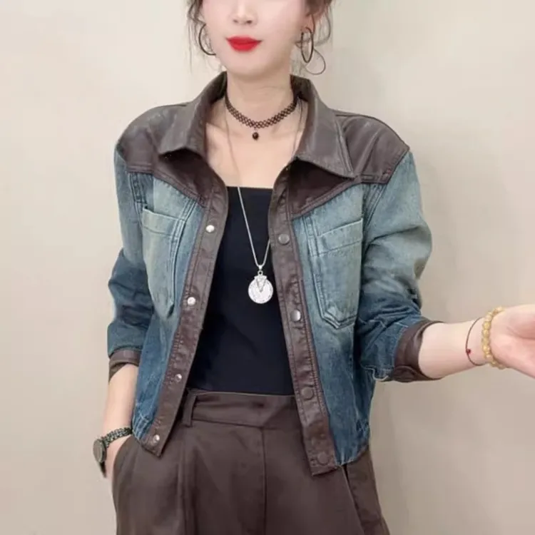 牛仔外套女秋季新款2025韩版休闲时尚拼接皮衣设计感洋气百搭上衣