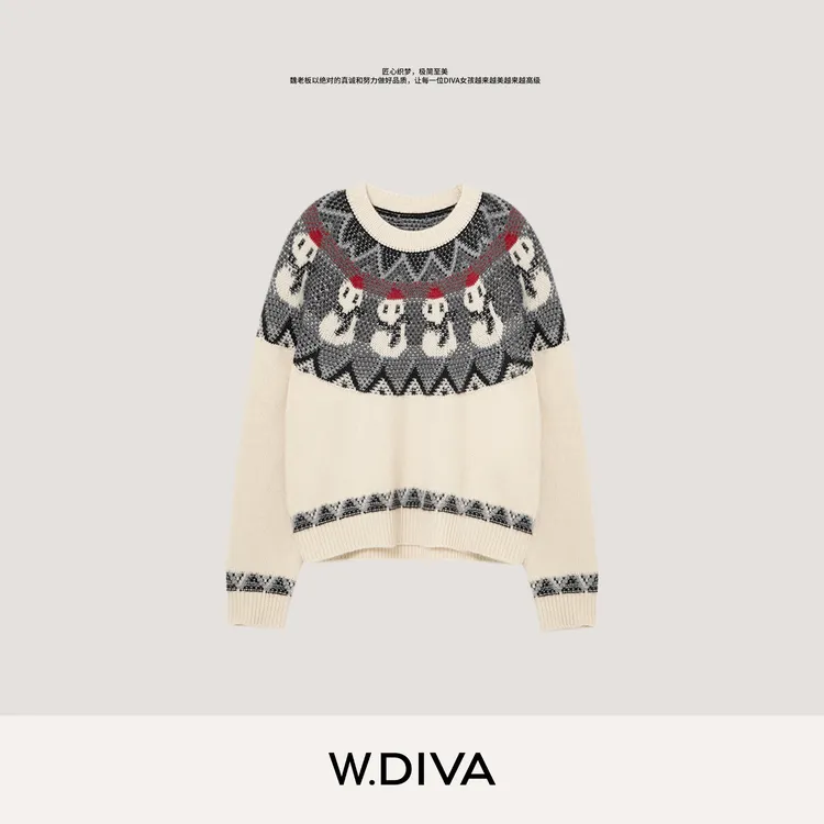 W.Diva【雪人岛】100%山羊绒费尔岛雪人提花撞色圆领毛衣DWZWSY0331