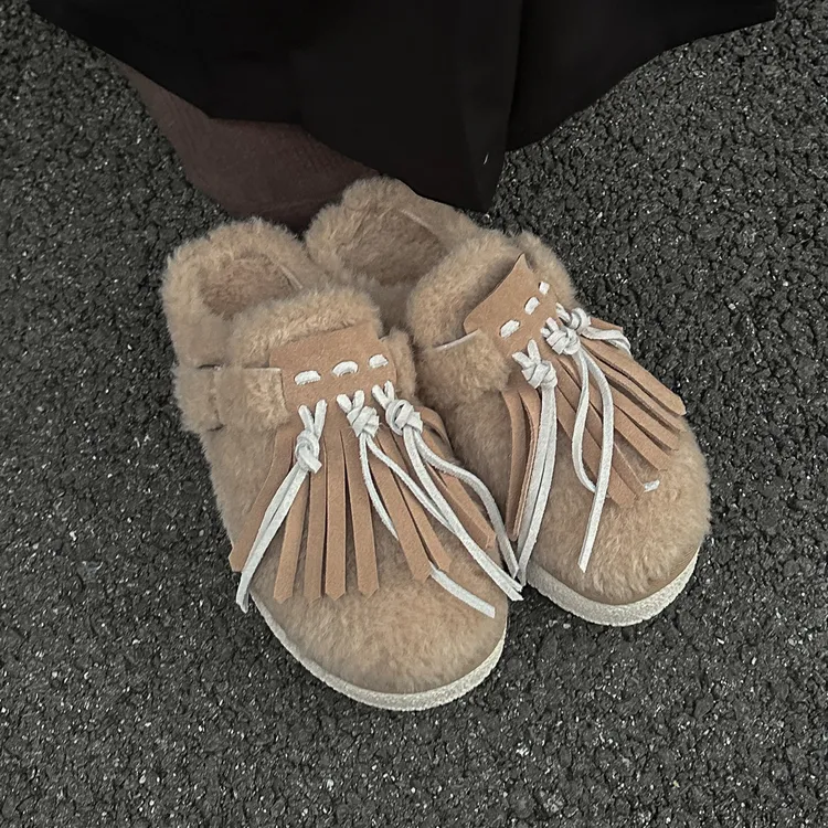 SGIRL TWTW2025年秋冬新款真皮加绒保暖平底包头半拖鞋毛毛鞋女鞋