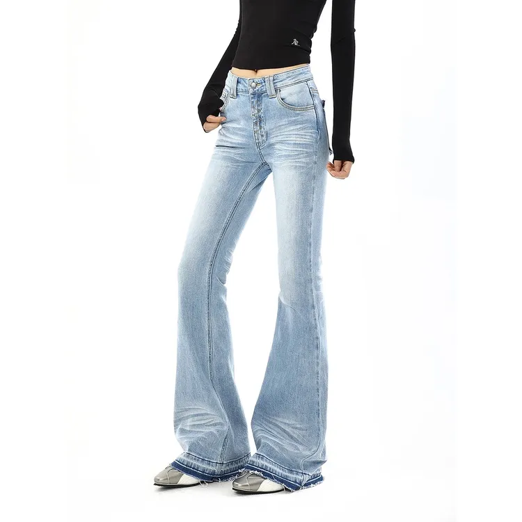 浅色低腰微喇叭牛仔裤女冬季美式高街设计感弹力修身显瘦马蹄裤子