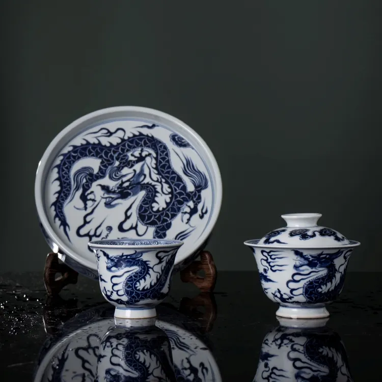 临风听雨 仿元青花铠甲龙岩茶盖碗景德镇纯手工陶瓷