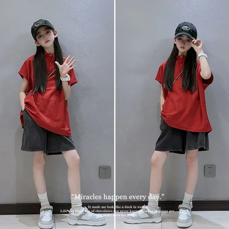 女大童红色POLO蝙蝠衫2025夏季新款洋气儿童夏装时尚半袖上衣女孩