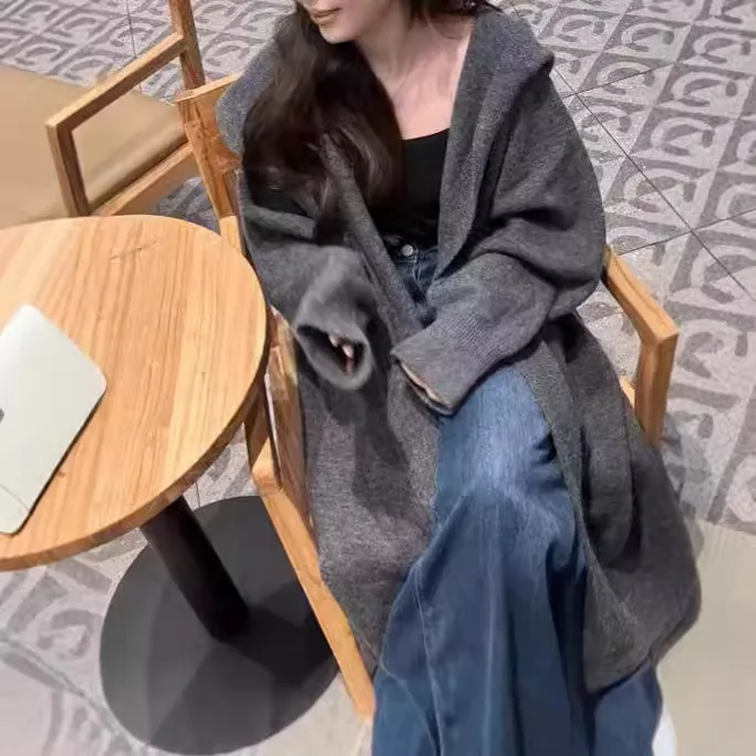 【新疆西藏包邮】2025秋冬新款韩系针织开衫女慵懒风连帽中长款宽松