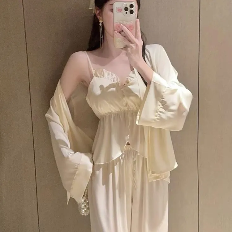 复古缎面带胸垫吊带三件套春夏新款甜美花边家居服高级感薄款睡衣