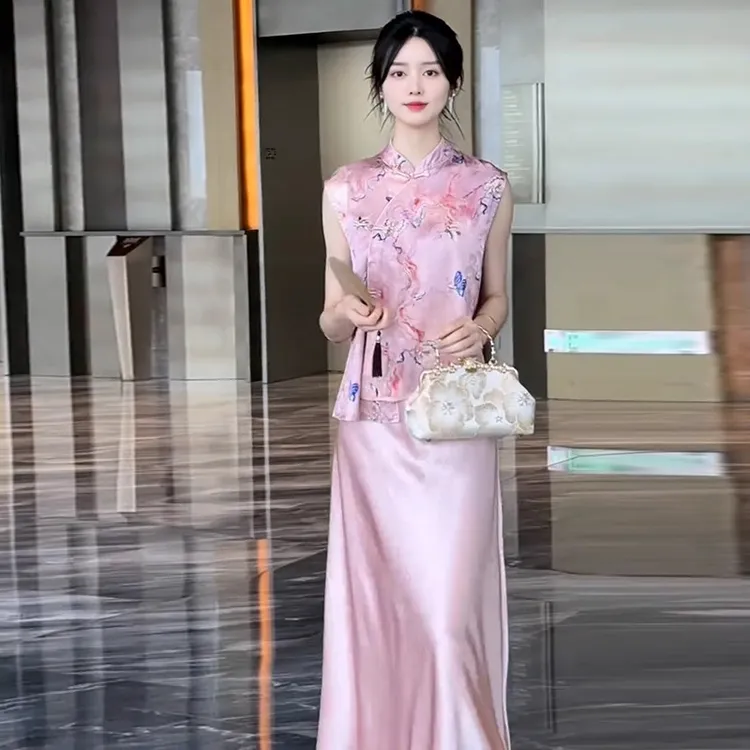 时尚连衣裙女夏季新款洋气显瘦新中式提花无袖上衣半身裙两件套潮