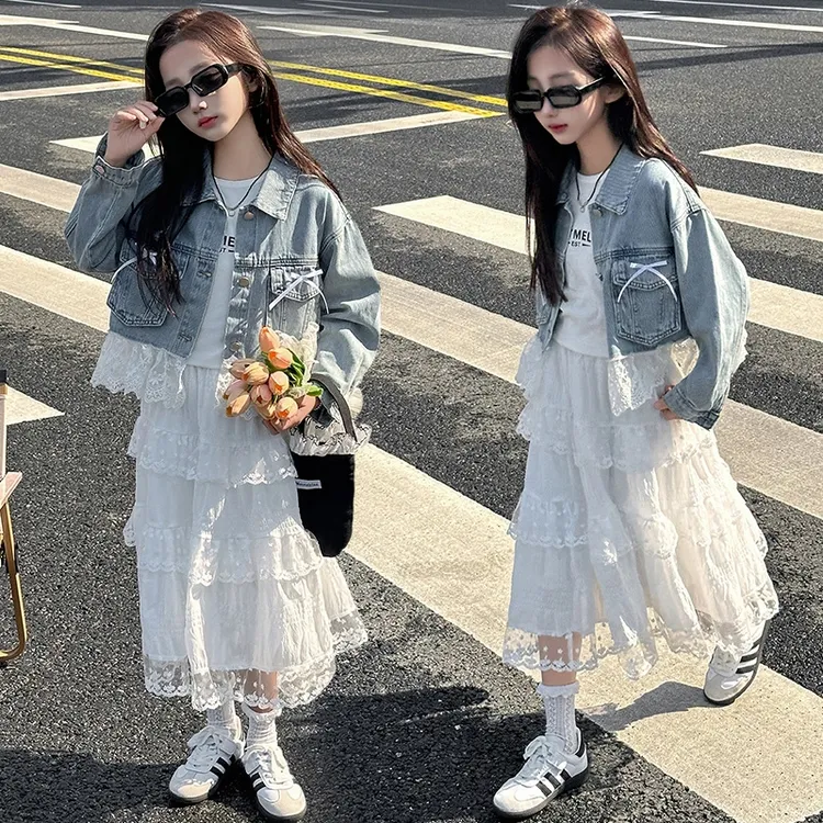 女童牛仔外套春秋甜美洋气女孩蕾丝半身裙花边下摆蝴蝶结儿童套装