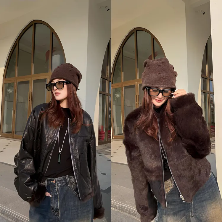 {2025超火真皮双面穿}牛皮油蜡与安哥拉獭兔百搭外套女