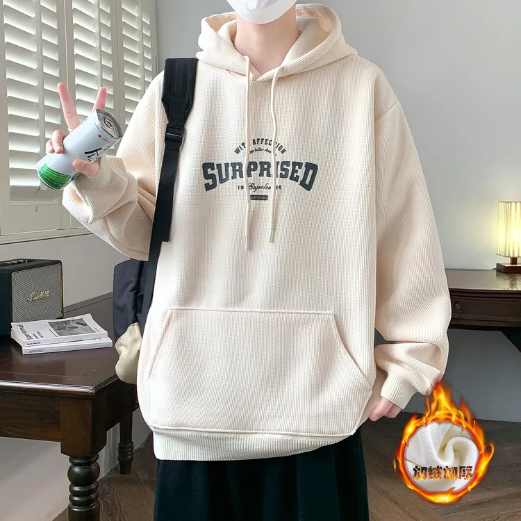 秋冬新款男生休闲宽松字母印花连帽套头打底上衣男装加绒加厚卫衣