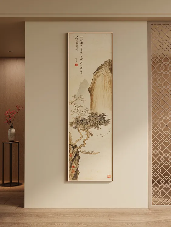 新中式玄关装饰画山水画竖版长条中国风客厅过道挂画书房茶室壁画
