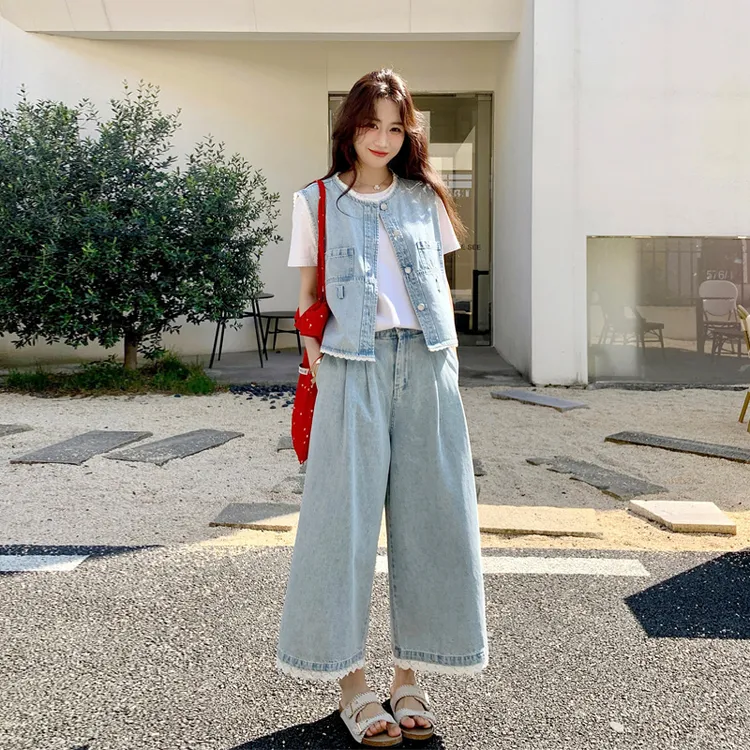 复古港风牛仔套装裤夏季女2025新款松弛感穿搭蕾丝花边马甲阔腿裤