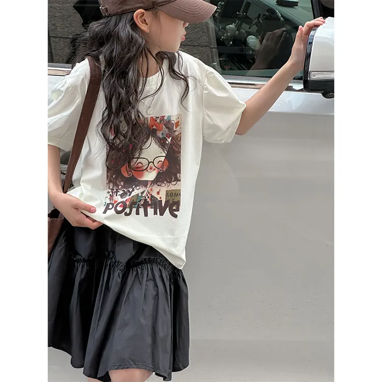 K26678童装女童短袖T恤2025新款夏季儿童泡泡袖上衣宽松半袖休闲t