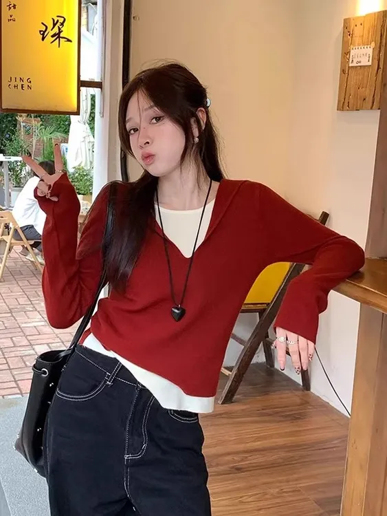 假两件安可拉红连帽针织衫女秋季新款韩系设计感时尚百搭长袖上衣