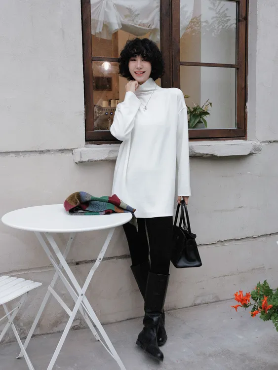 TT设计师【霜月】气质时尚落肩袖毛边天丝羊毛高领打底衫TT191518