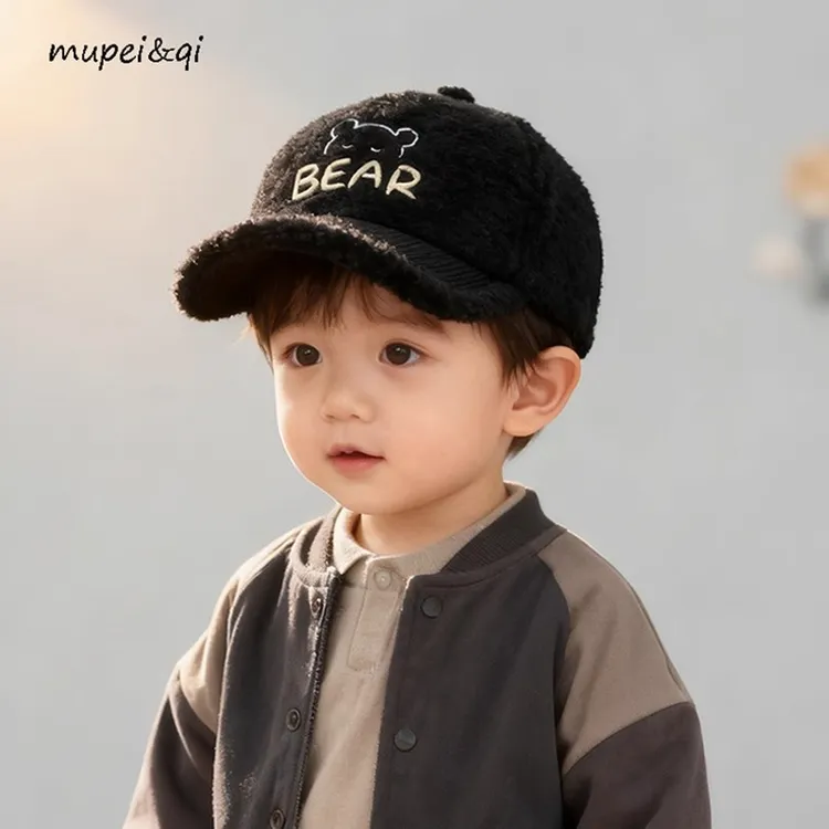 儿童羊羔绒棒球帽男童女童秋冬季保暖鸭舌帽韩版字母熊潮宝宝帽子
