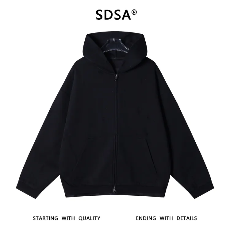 SDSA男士秋冬新款痞帅男装潮牌拼接破洞连帽卫衣百搭时尚开衫上衣