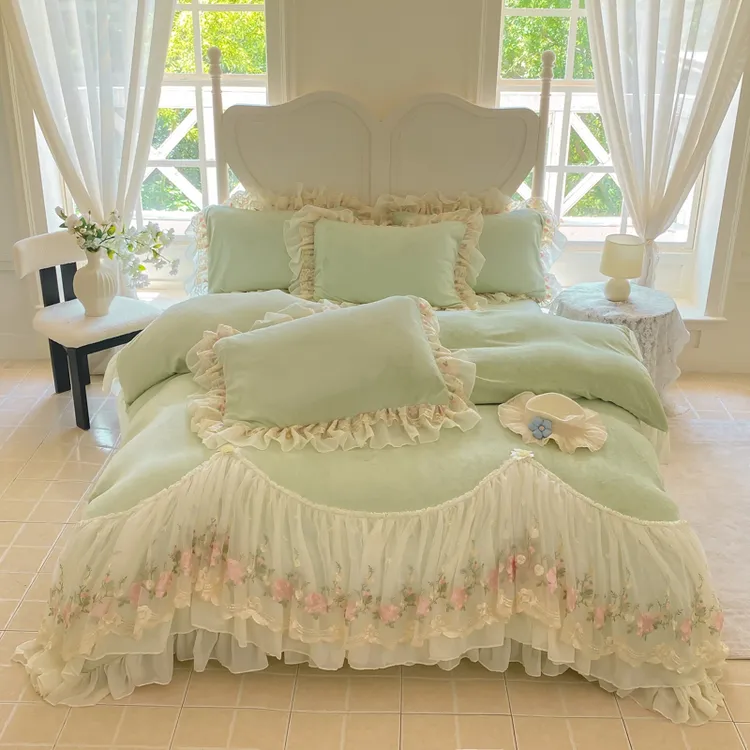 客绣秋冬法式加厚牛奶绒加绒保暖蕾丝花边公主风被套床盖四件套
