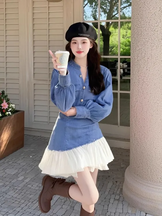 法式设计感拼接牛仔连衣裙女2025秋季新款收腰显瘦中长裙时尚女装
