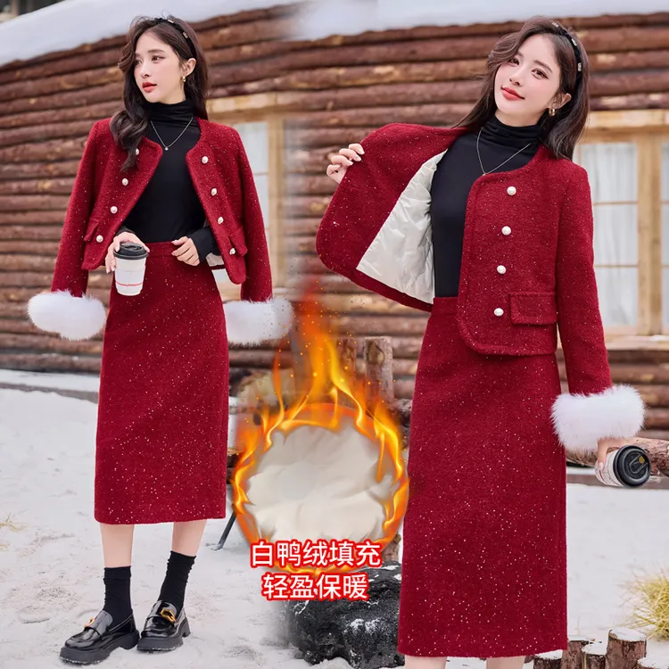 名媛千金系列2025新款冬装女小香粗花亮片时尚套装羽绒服真狐狸毛