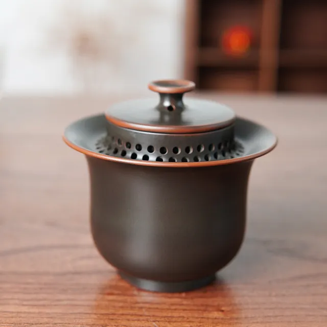 广西坭兴陶茶具盖碗 手抓盖碗孔盖碗 孔自带过滤免茶漏盖碗