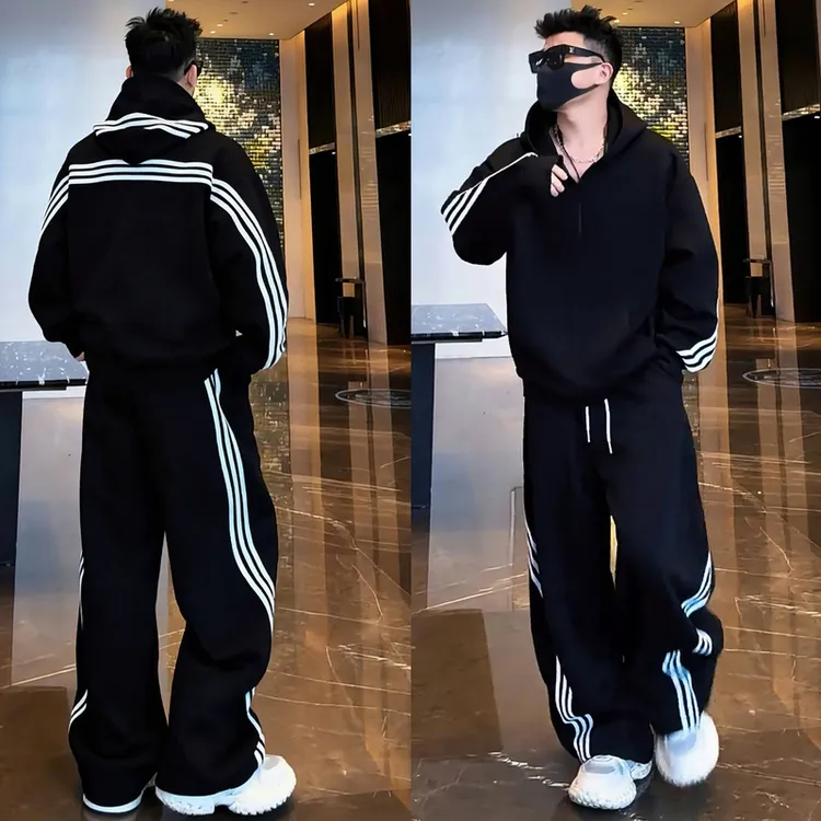 秋季新款美式三条杠休闲运动套装男潮牌连帽半拉链卫衣卫裤两件套
