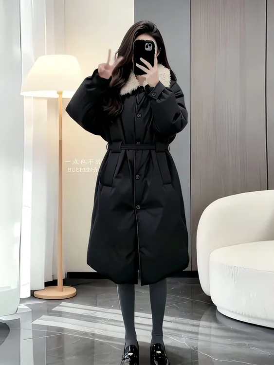 黑色宽松中长款羽绒棉服女2026季冬季新款时尚减龄保暖收腰外套潮