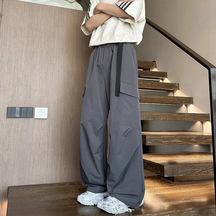 灰色腰带工装裤男春季美式高街宽松直筒休闲裤潮牌潮流阔腿伞兵裤