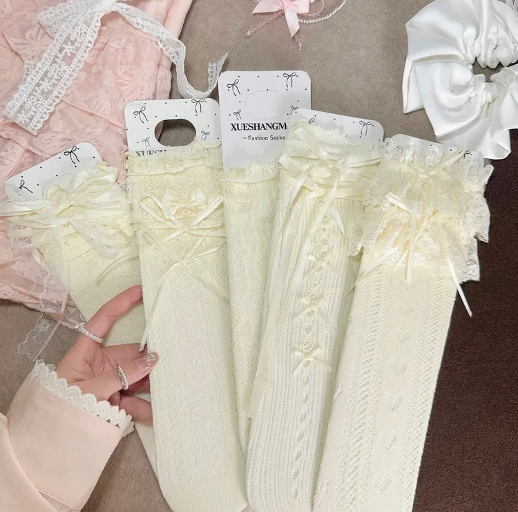 【少女心事】白色透气饰品中筒袜甜美jk袜子花边蝴蝶结女袜