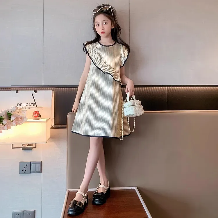 女大童夏季条纹连衣裙2025新款时髦女孩公主裙洋气裙子无袖A字裙