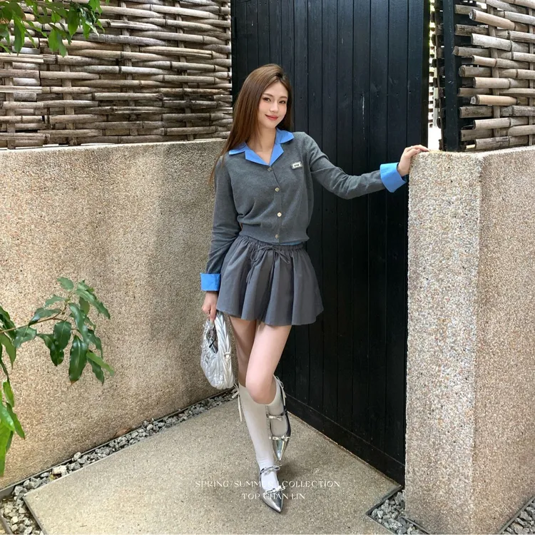 2025春M系贴布绣字母假两件拼接jk衬衫百搭西装领长袖针织衫