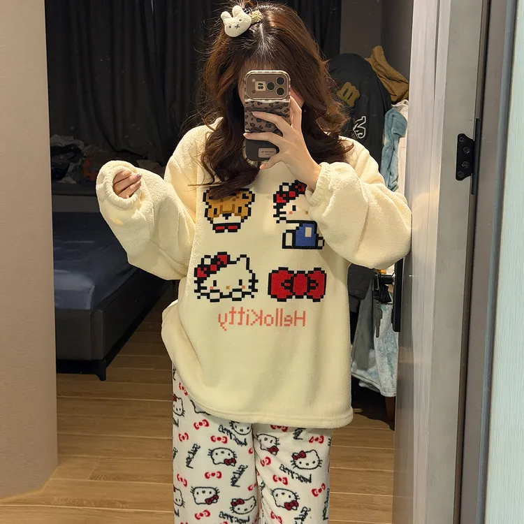 珊瑚绒睡衣女秋冬季大码加厚米粒绒kt猫套装可外穿冬天保暖家居服