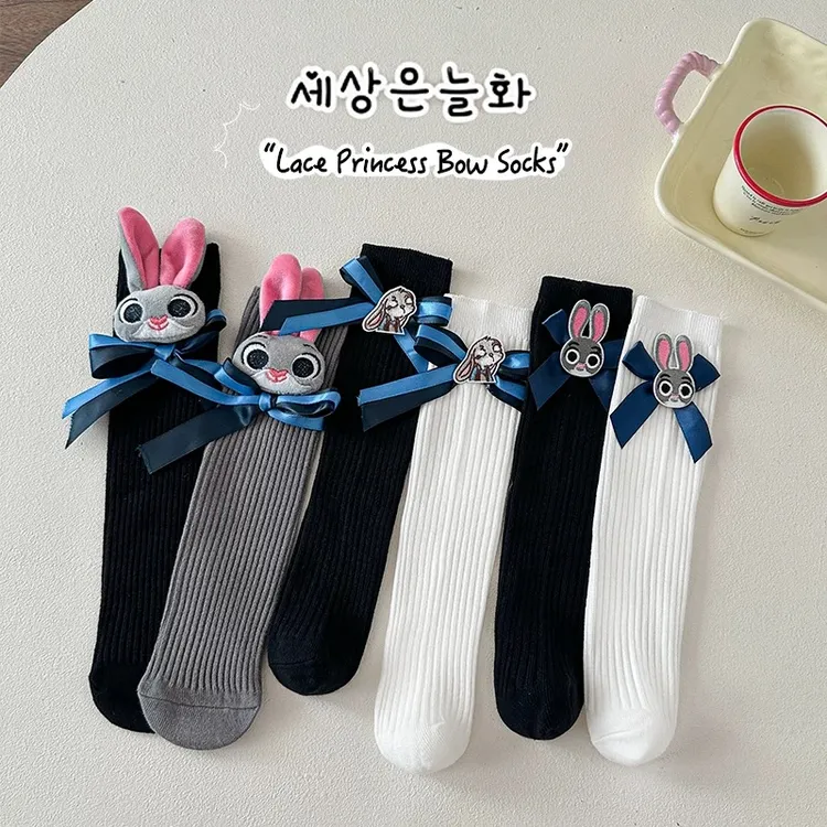 兔子警官儿童袜子春秋季薄款女童蝴蝶结长筒袜卡通公仔洋气小腿袜