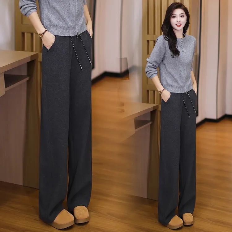 加绒加厚窄版毛呢阔腿裤女2025冬季新款糯米垂感直筒裤休闲裤子女商品图