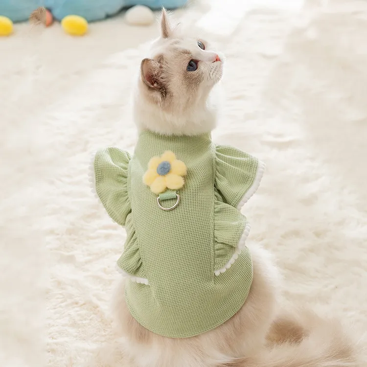 新款秋季猫咪衣服立体小花牵引背心中小型犬泰迪比熊卫衣狗狗服饰