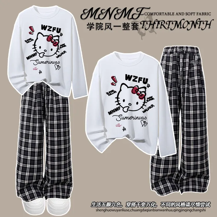 秋季韩系卡通凯蒂猫女童长袖t恤套装百搭学院风中大童宽松两件套