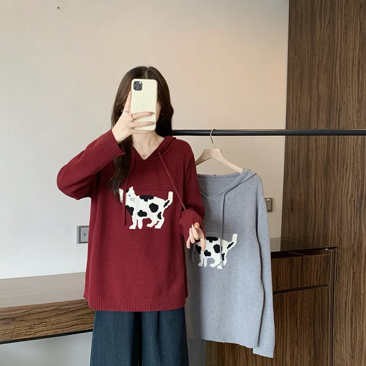 2025冬装新款胖mm大码女休闲小猫连帽慵懒针织毛衣上衣72201