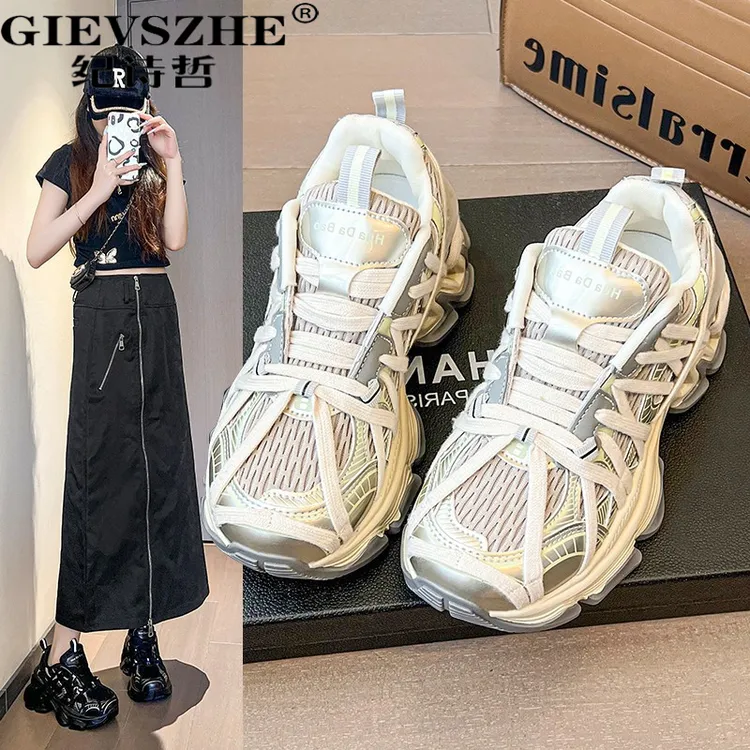 纪诗哲休闲一脚蹬厚底老爹鞋女秋季新款蜘蛛绑带增高运动休闲鞋