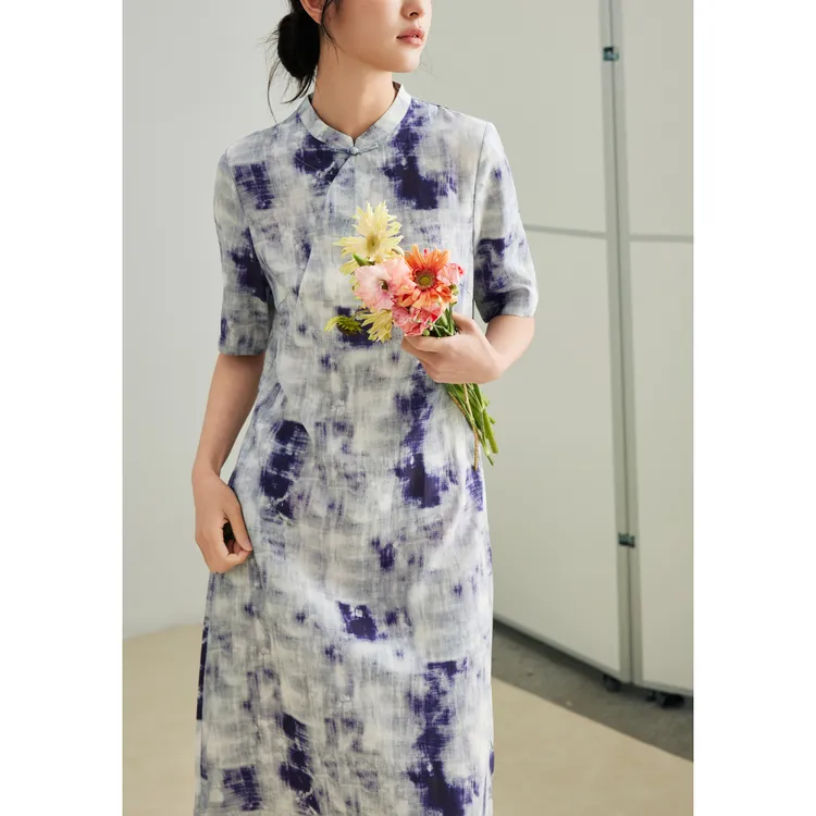 原形气质优雅中式旗袍裙2025夏季新款亚麻水墨复古连衣裙91512